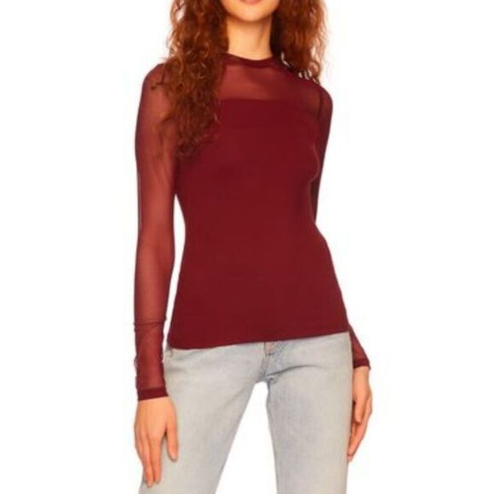 Susana Monaco -1723 NWT Sheer‎ Mesh Long Sleeve Top in Oxblood Burgundy Small